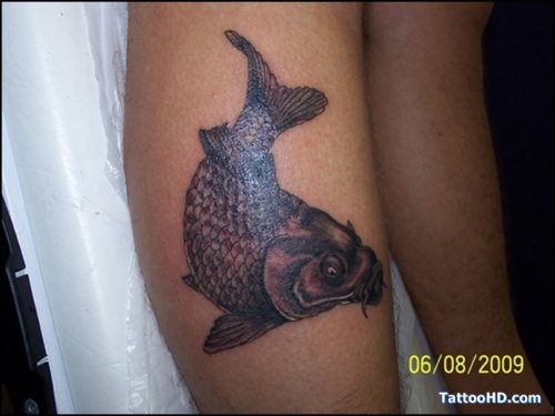 Grey Ink Carp Fish Tattoo On Leg